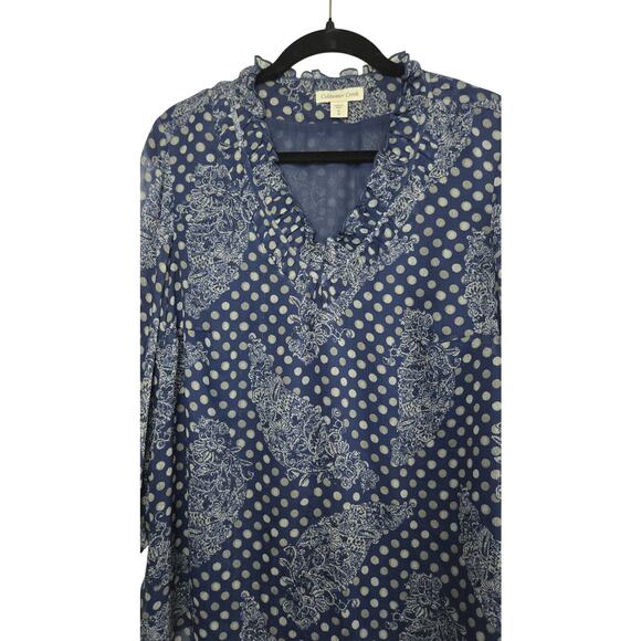 Coldwater Creek Navy Blue‎ Sheer Polka Dot Blouse Size 16/XL - Picture 2 of 6